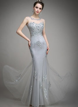 Jewel Neck Beading Pearl Sheath Evening Dress